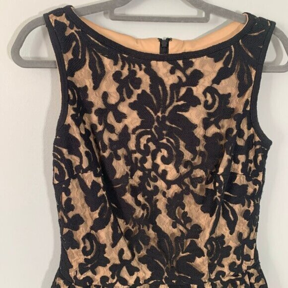 Tadashi Shoji sleeveless lace overlay black nude fitted peplum pencil dress - Picture 2 of 10